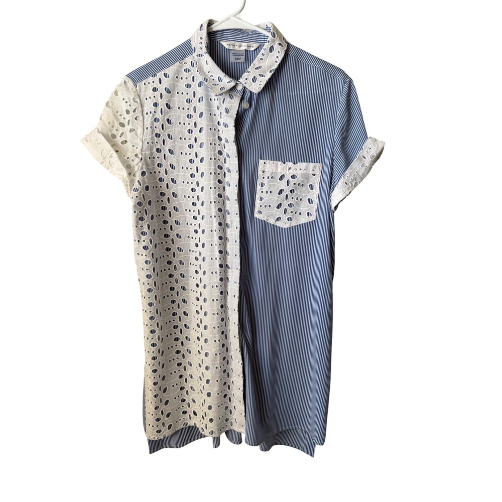 Peter Nygard Blue White Striped Eyelet Lace Short Sleeve Button Down Shirt M